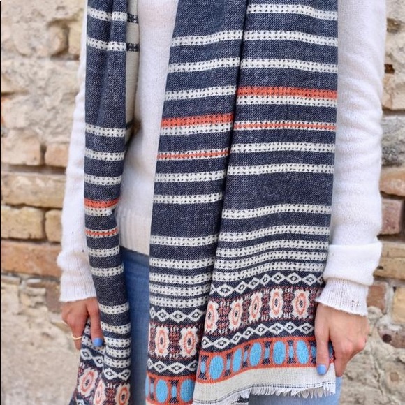 Ingram Pattern And Striped Scarf Navy - Picture 3 of 3